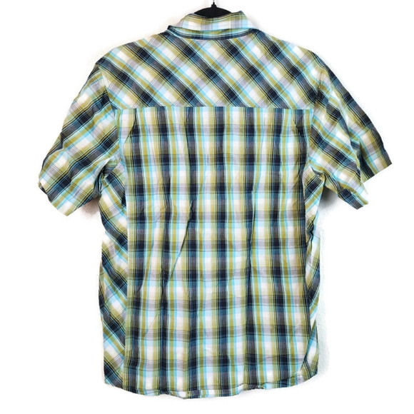 Prana Mens Small Plaid Casual Button Down Shirt Collar Logo Outdoors Blue Green - Picture 4 of 4